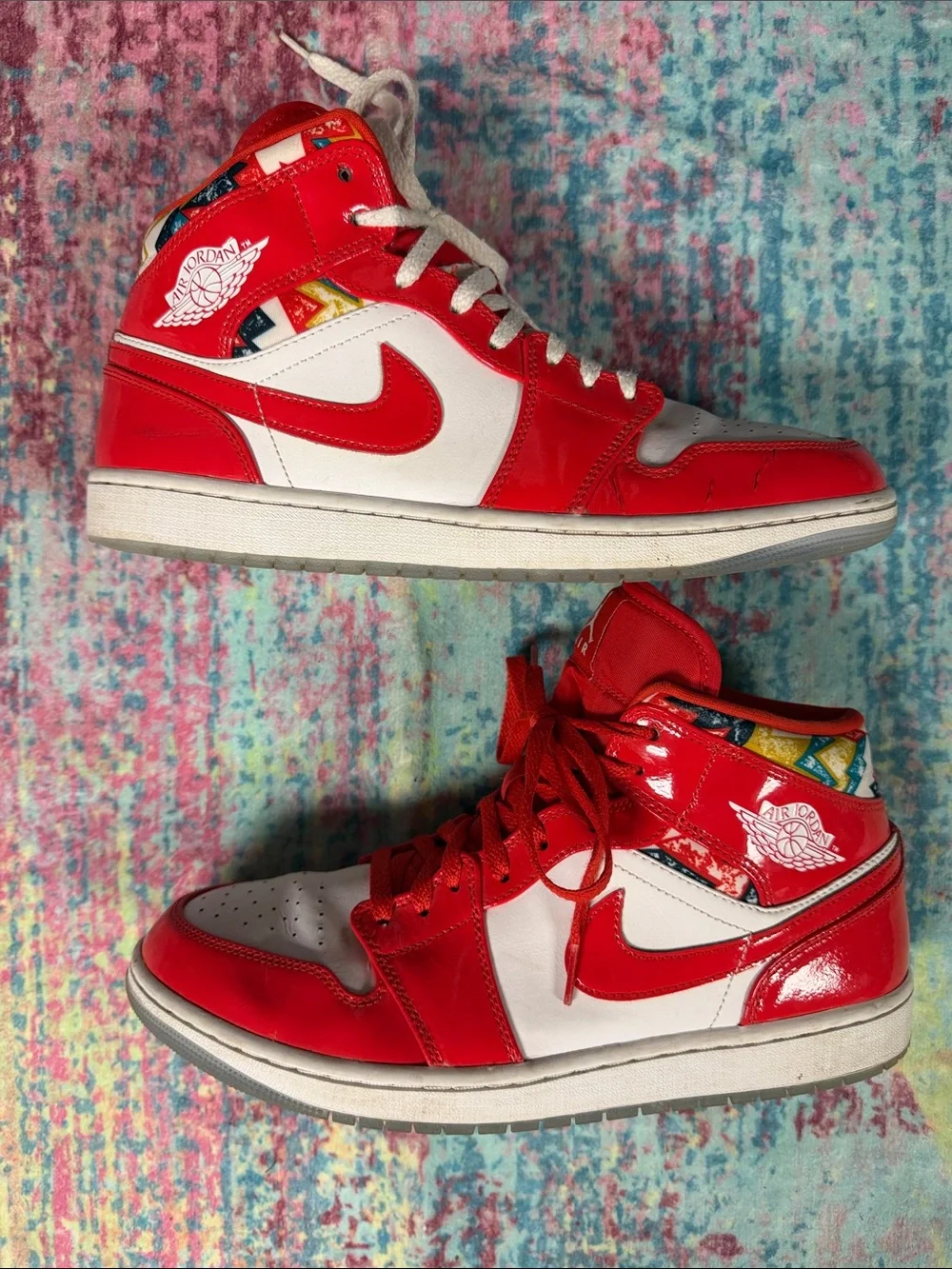 Jordan men’s High Top Sneakers in Red and White with Multicolor Collar
